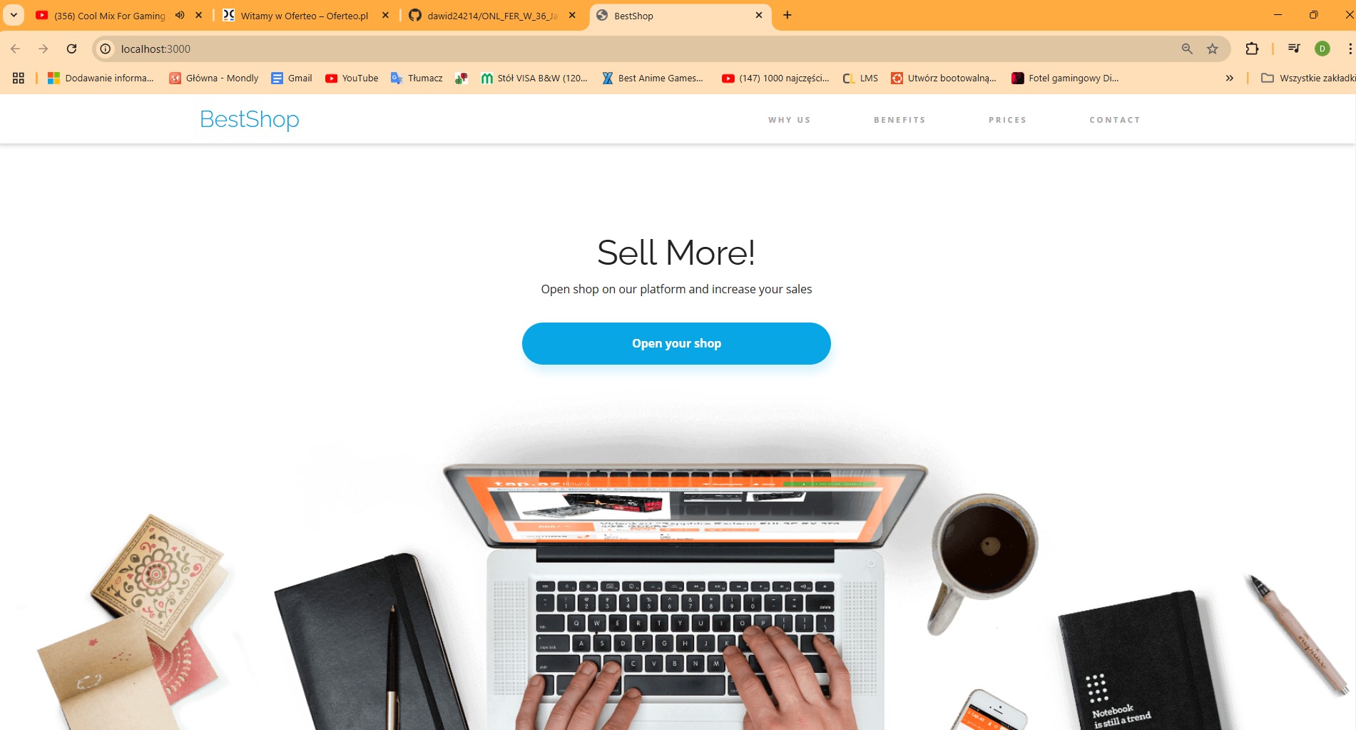 Widok z góry na laptopa z otwartą stroną internetową sklepu BestShop, dłonie na klawiaturze, obok notatnik, długopis, smartfon i filiżanka kawy.