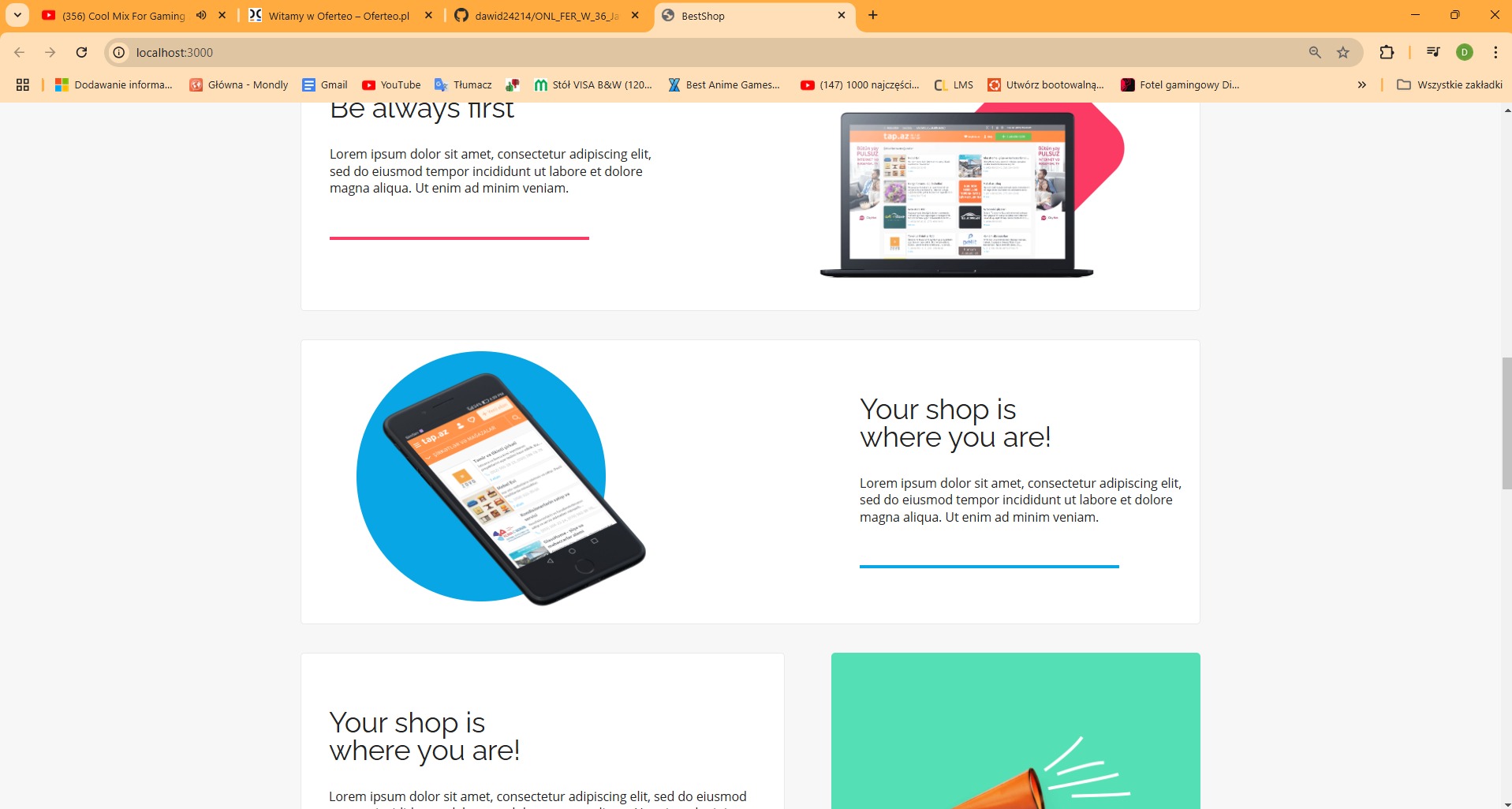 Mockup strony internetowej z responsywnym designem, prezentujący wersję desktopową na laptopie oraz mobilną na smartfonie, umieszczone na białym tle z elementami graficznymi.