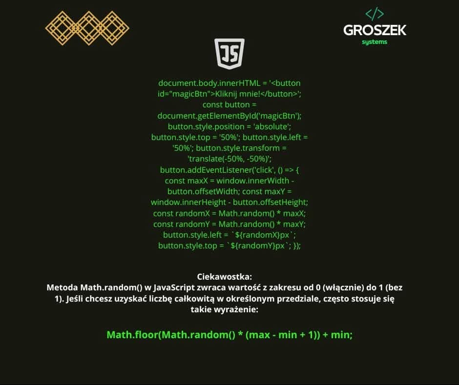 Fragment kodu JavaScript na ciemnym tle, z logo firmy Groszek Systems w prawym górnym rogu, prezentujący przykład użycia Math.random().