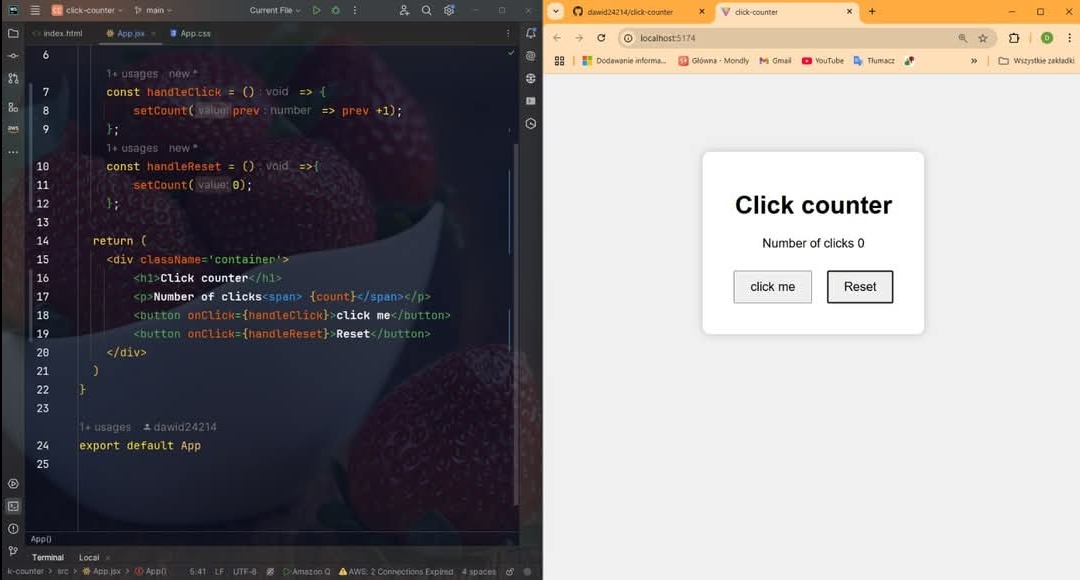Ekran z kodem aplikacji 'Click counter' i jej działającym interfejsem w przeglądarce. Kod w edytorze, interfejs z przyciskami 'click me' i 'Reset'.