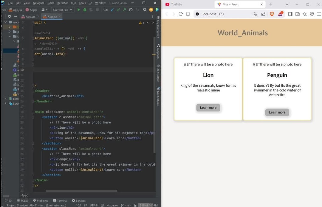 Kod strony internetowej z podglądem w przeglądarce. Widoczne elementy interfejsu użytkownika, takie jak tekst i przyciski. Kod zawiera nazwy zwierząt: Lew i Pingwin.