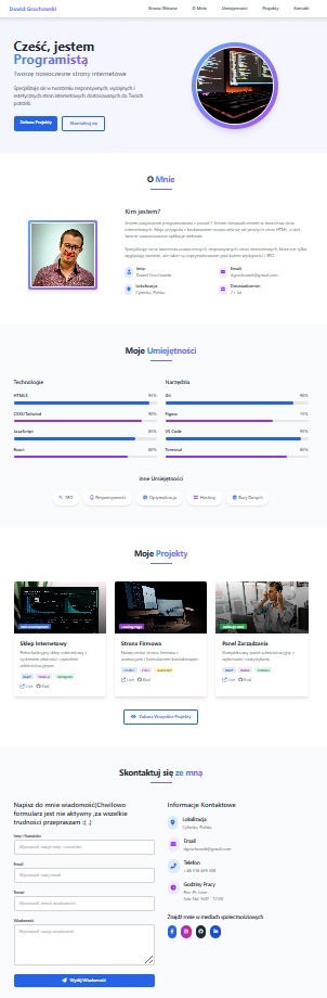 Portfolio programisty: sekcja 'Moje projekty' z przykładami stron internetowych, umiejętności i dane kontaktowe. Minimalistyczny design, fioletowe akcenty.