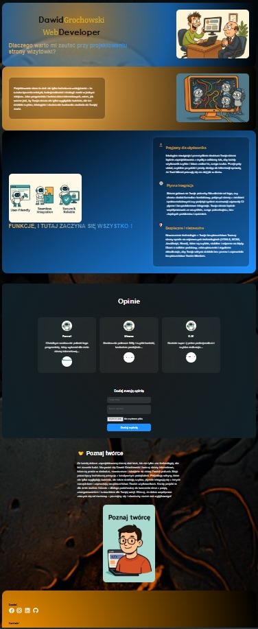 Ilustracja strony internetowej developera Dawida Grochowskiego z sekcjami: o firmie, funkcje, opinie i poznaj twórcę. Prezentacja w nowoczesnym stylu.
