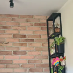 Ściana z cegły dekoracyjnej w Gliwicach, z wystającymi przewodami elektrycznymi, obok czarny regał z dekoracjami i roślinami.