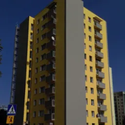 Wielopiętrowy blok mieszkalny po termomodernizacji, z żółtą elewacją i szarymi fragmentami, balkony z antenami satelitarnymi, widok z dołu na tle intensywnego błękitu nieba.