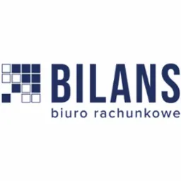Logo firmy 'Bilans biuro rachunkowe' z graficznym elementem w postaci kwadratowej mozaiki w odcieniach niebieskiego.