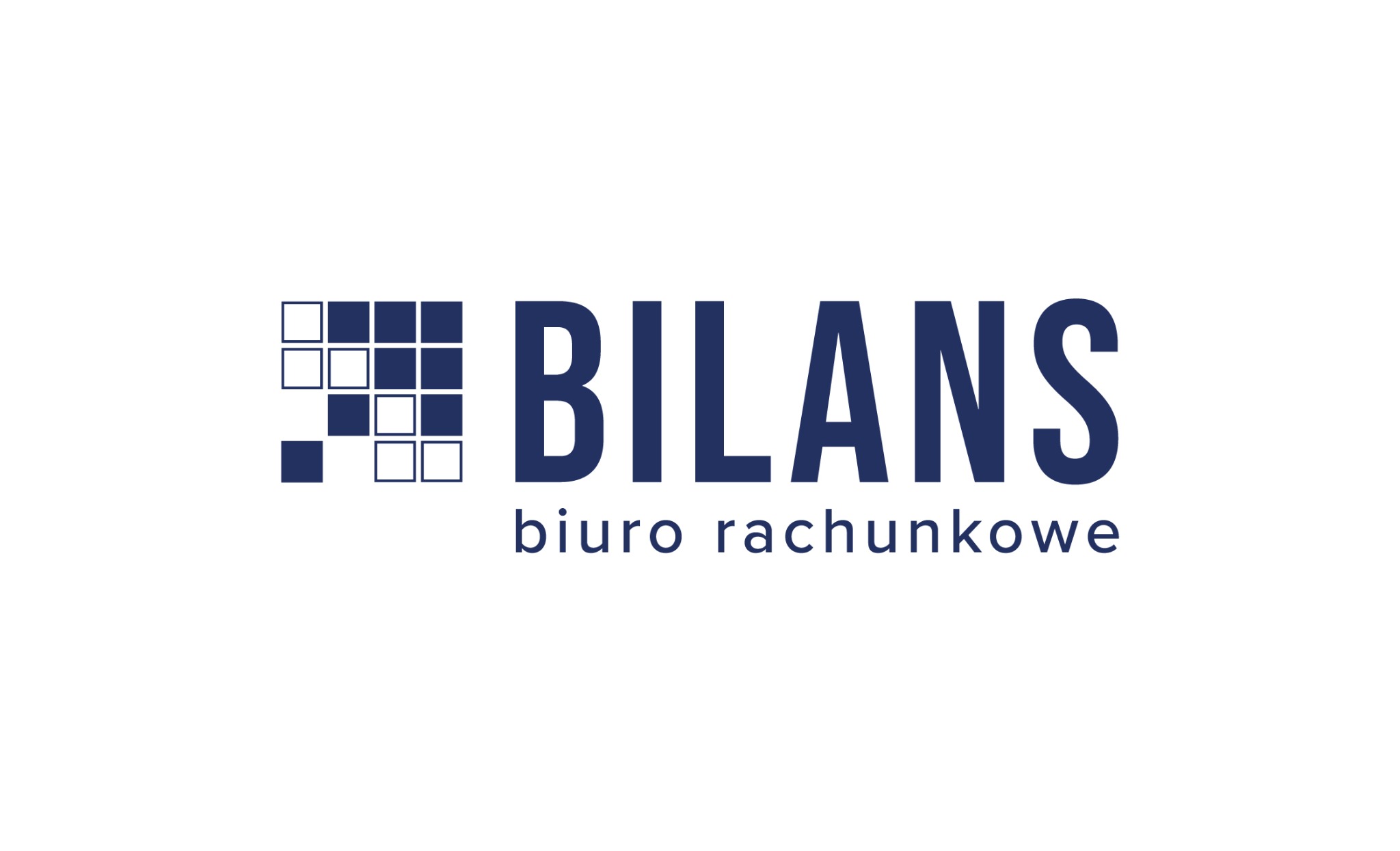 Logo firmy 'Bilans biuro rachunkowe' z graficznym elementem w postaci kwadratowej mozaiki w odcieniach niebieskiego.