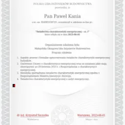 Certyfikat Polskiej Izby Inżynierów Budownictwa potwierdzający uczestnictwo Pana Pawła Kani w szkoleniu on-line dotyczącym świadectw charakterystyki energetycznej, wydany w Warszawie 1 czerwca 2023...