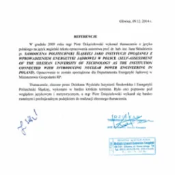 Skan dokumentu referencyjnego dla tłumaczenia tekstu technicznego z języka polskiego na angielski, wystawionego przez Dziekana Wydziału Inżynierii Środowiska i Energetyki Politechniki Śląskiej...