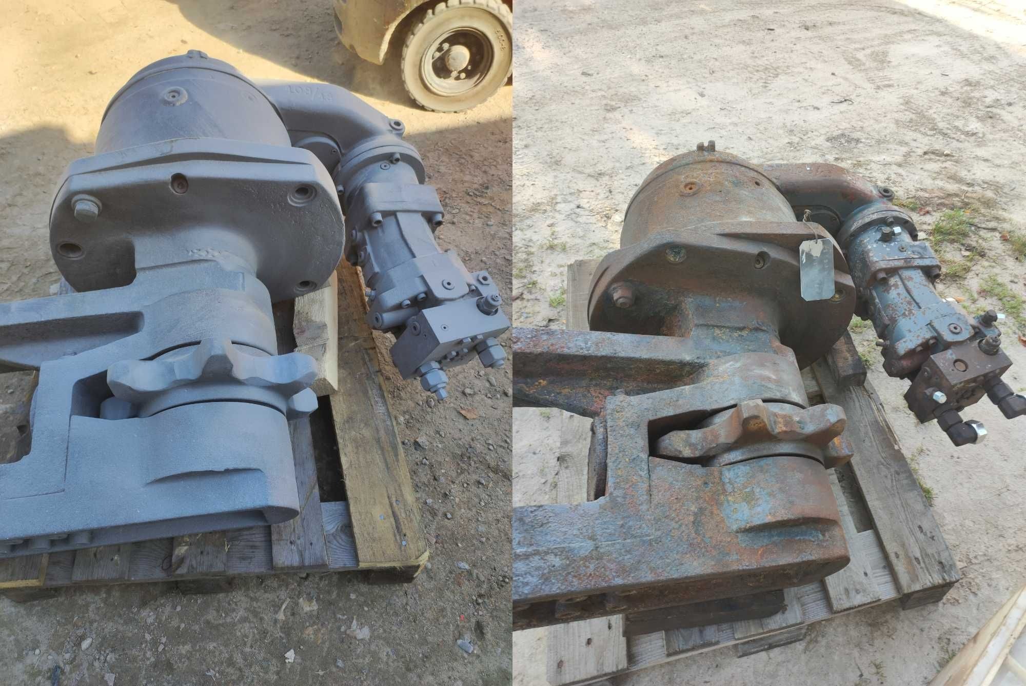 Porównanie stanu elementu maszyny przed i po renowacji: zardzewiały, skorodowany element po prawej stronie i ten sam element po lewej stronie, odnowiony i pokryty szarą farbą, leżący na palecie.