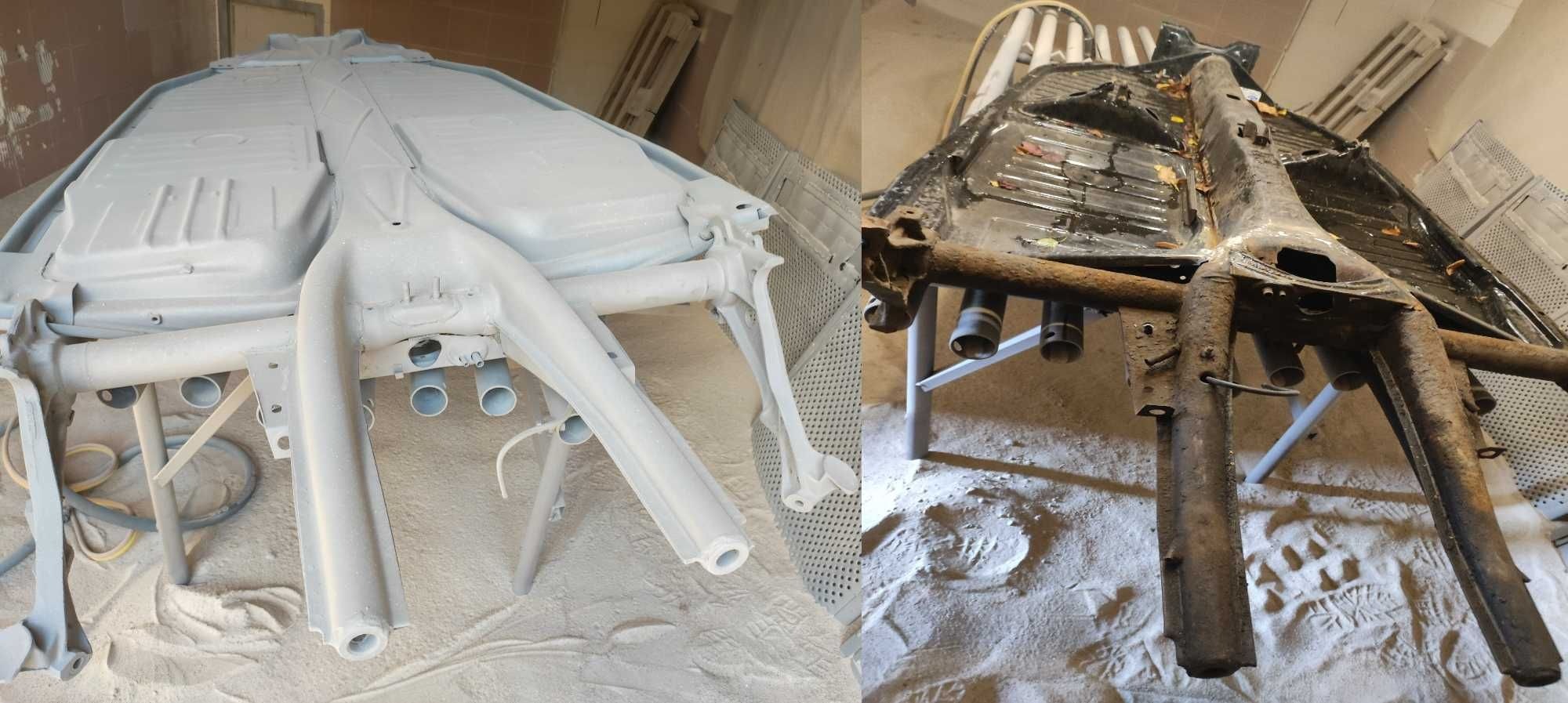 Porównanie ramy samochodu przed i po piaskowaniu oraz malowaniu proszkowym, widoczne różnice w kolorze i stanie powierzchni.