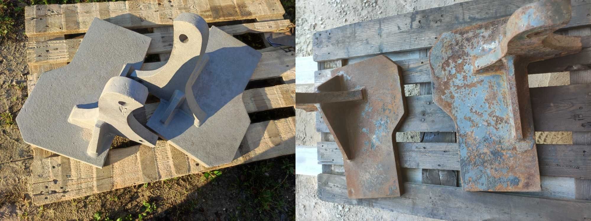 Porównanie detali maszynowych: surowe odlewy po lewej i elementy z widoczną korozją po prawej, leżące na drewnianych paletach.