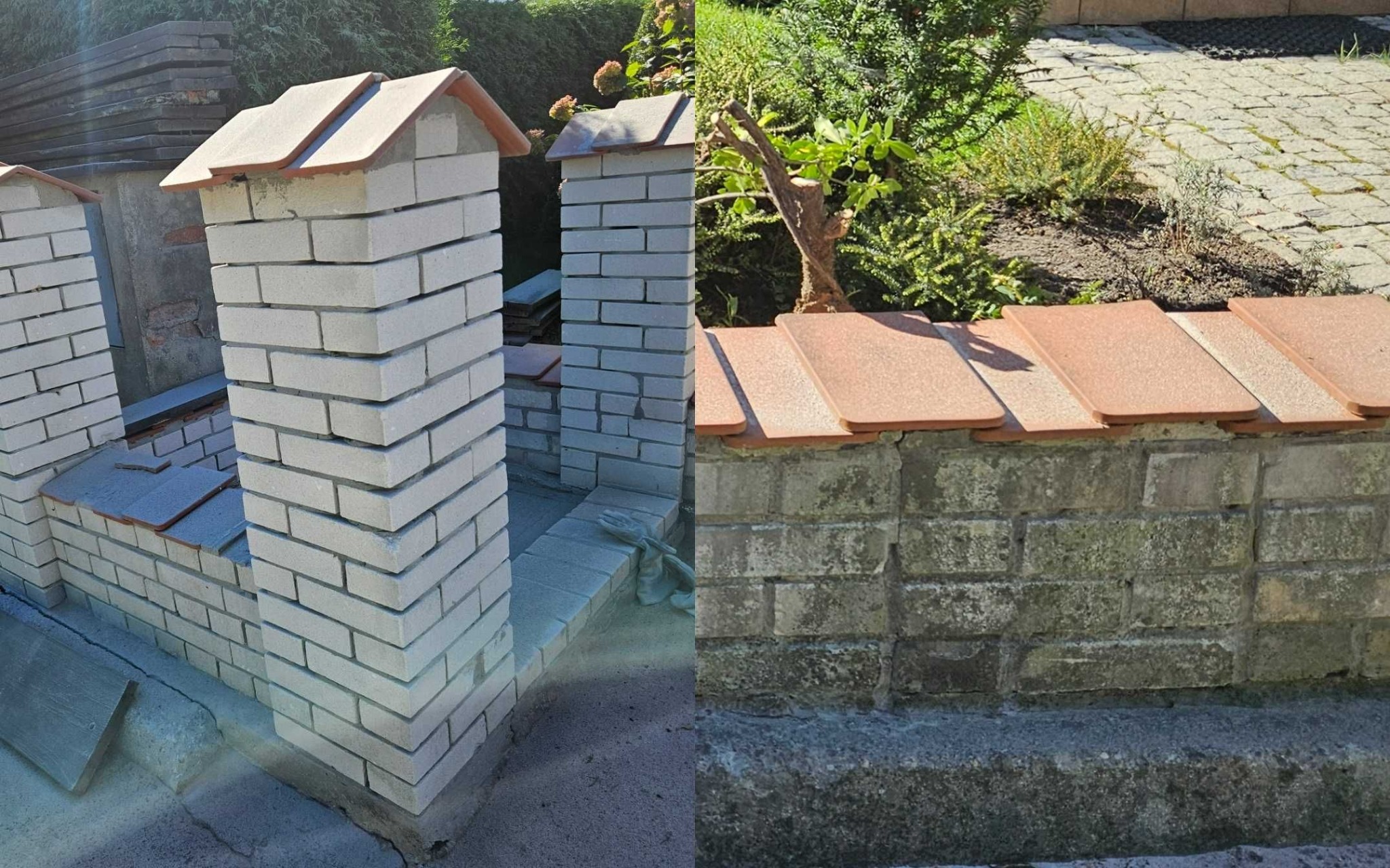 Nowo wymurowane, jasne, ceglane słupki ogrodowe z daszkami, kontrastujące ze starym, zabrudzonym ceglanym murem z terakotowymi płytkami na górze.