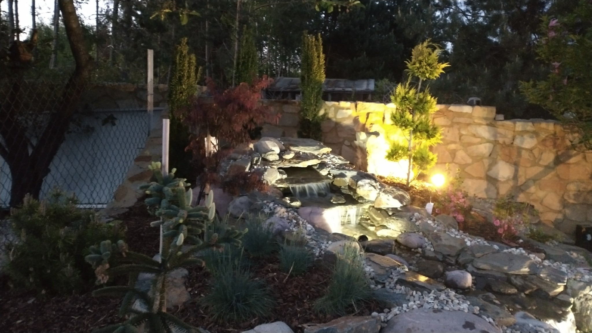 Ogród z kaskadą wodną, podświetlony punktowo, z roślinami iglastymi i liściastymi. Kamienna ściana w tle. Elementy małej architektury ogrodowej.
