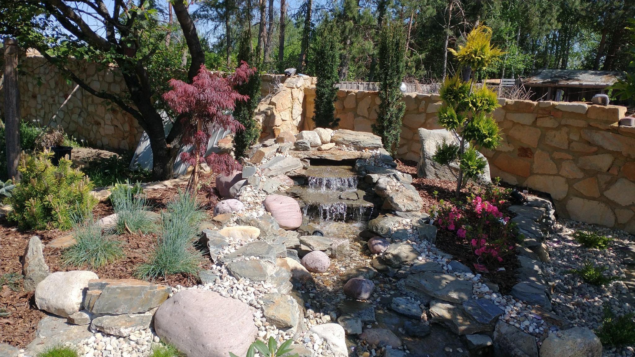 Kaskada wodna z kamienia w ogrodzie, otoczona roślinami i drzewami iglastymi. Kamienny mur w tle. Elementy małej architektury ogrodowej.