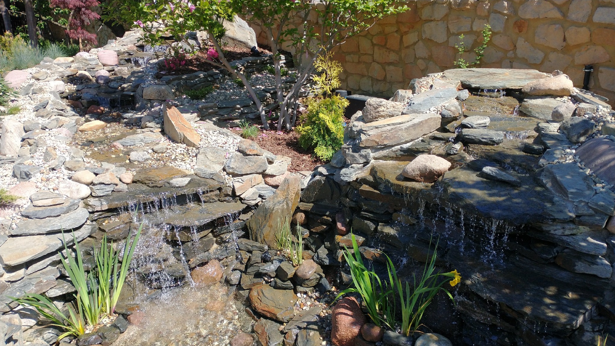 Kaskada wodna z kamieni i roślin w ogrodzie, zasilana przez małe wodospady. W tle kamienny mur i drzewa. Ujęcie z bliska, ukazujące detale konstrukcji.