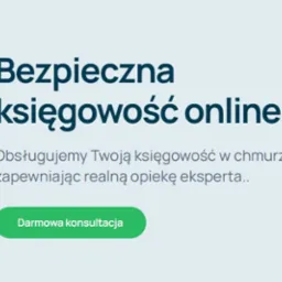 Grafika reklamowa: Bezpieczna księgowość online. Obsługa w chmurze, opieka eksperta. Z zielonym przyciskiem 'Darmowa konsultacja'.