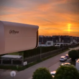 Kamera CCTV marki Dahua zamontowana na tle zachodzącego słońca nad osiedlem domów jednorodzinnych, widok z góry.