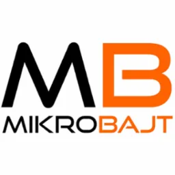 Logo firmy MikroBajt: czarna litera M sąsiaduje z pomarańczową literą B, poniżej nazwa firmy w kolorach czarnym i pomarańczowym.