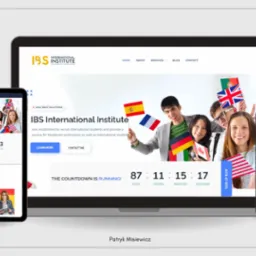 Responsywna strona internetowa IBS International Institute wyświetlana na laptopie, tablecie i smartfonie, prezentująca odliczanie i zdjęcia studentów z flagami różnych krajów.