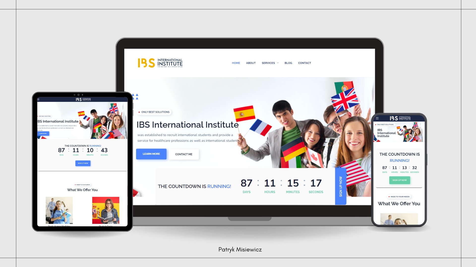 Responsywna strona internetowa IBS International Institute wyświetlana na laptopie, tablecie i smartfonie, prezentująca odliczanie i zdjęcia studentów z flagami różnych krajów.