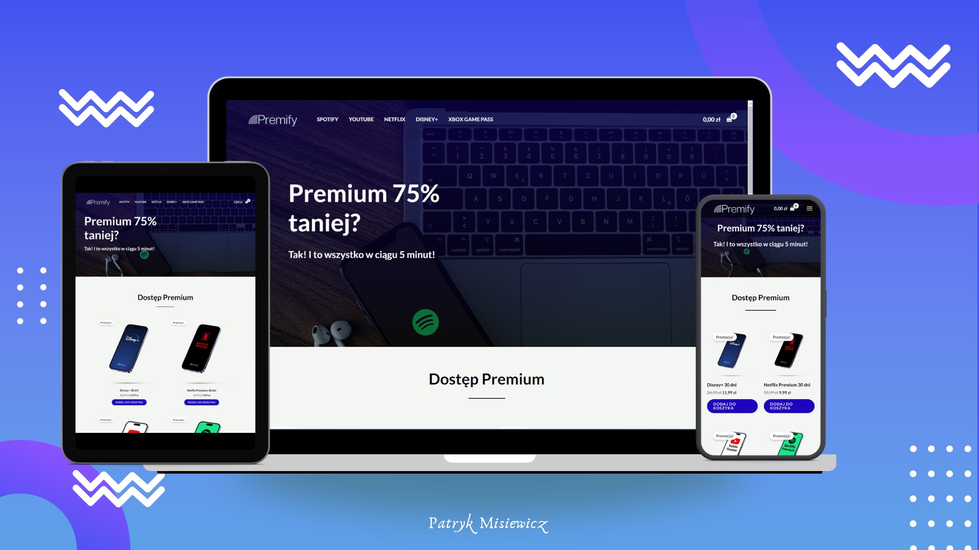 Wyświetlony na laptopie i smartfonie interfejs strony internetowej oferującej dostęp premium do platform streamingowych, takich jak Spotify, Netflix, Disney+ i YouTube.