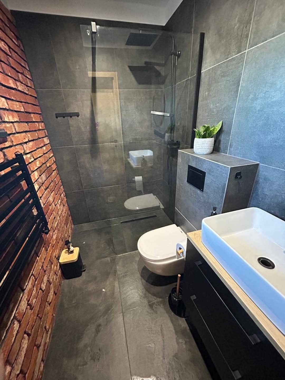 Nowoczesna łazienka z kabiną typu walk-in, szarą glazurą i ścianą z cegły. Umywalka nablatowa na czarnej szafce. Minimalistyczny design z akcentem roślinnym.