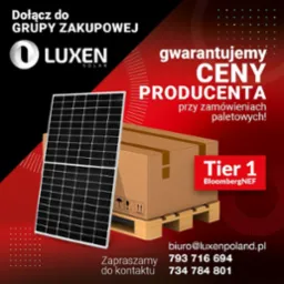 Panel słoneczny marki Luxen Solar obok palety z kartonami, promocyjna grafika z hasłem 'gwarantujemy ceny producenta przy zamówieniach paletowych!', zaproszenie do kontaktu.