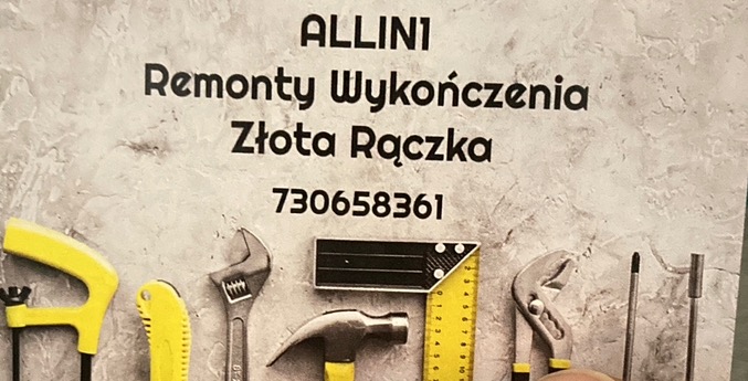 Wizytówka firmy remontowej Allini z numerem telefonu 730658361, prezentująca zestaw narzędzi takich jak młotek, klucze, śrubokręty i kątownik na tle imitującym beton.