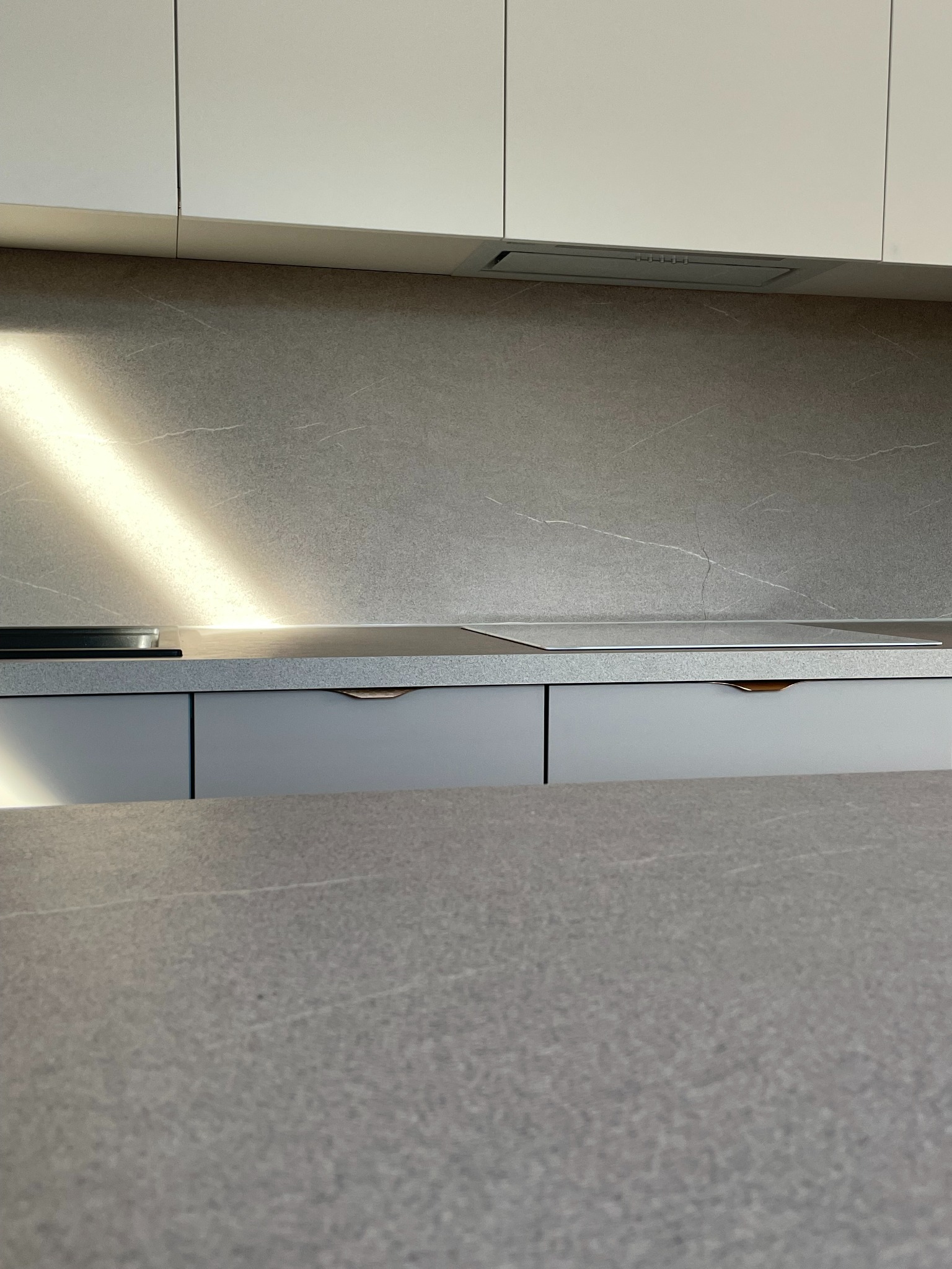 Fragment nowoczesnej kuchni: szare fronty szafek z subtelnymi złotymi uchwytami, blat z szarego kamienia, płyta indukcyjna i wbudowany okap, oświetlone porannym światłem.