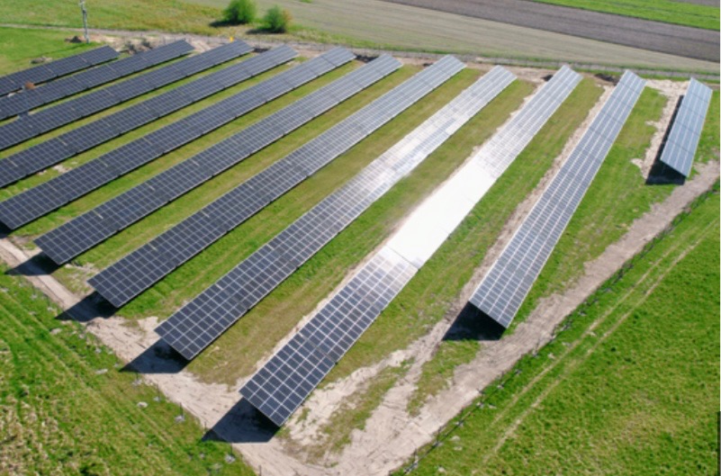 Widok z góry na rzędy paneli słonecznych na zielonym polu, niektóre panele odbijają silne światło słoneczne.