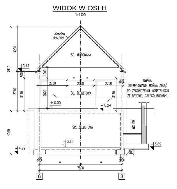 Przekrój pionowy budynku z zaznaczonymi wymiarami, materiałami (ściany murowane, żelbetowe) i wysokościami poziomów. Widok w osi H, skala 1:100. Zawiera notatkę o demontażu stemplowania po...