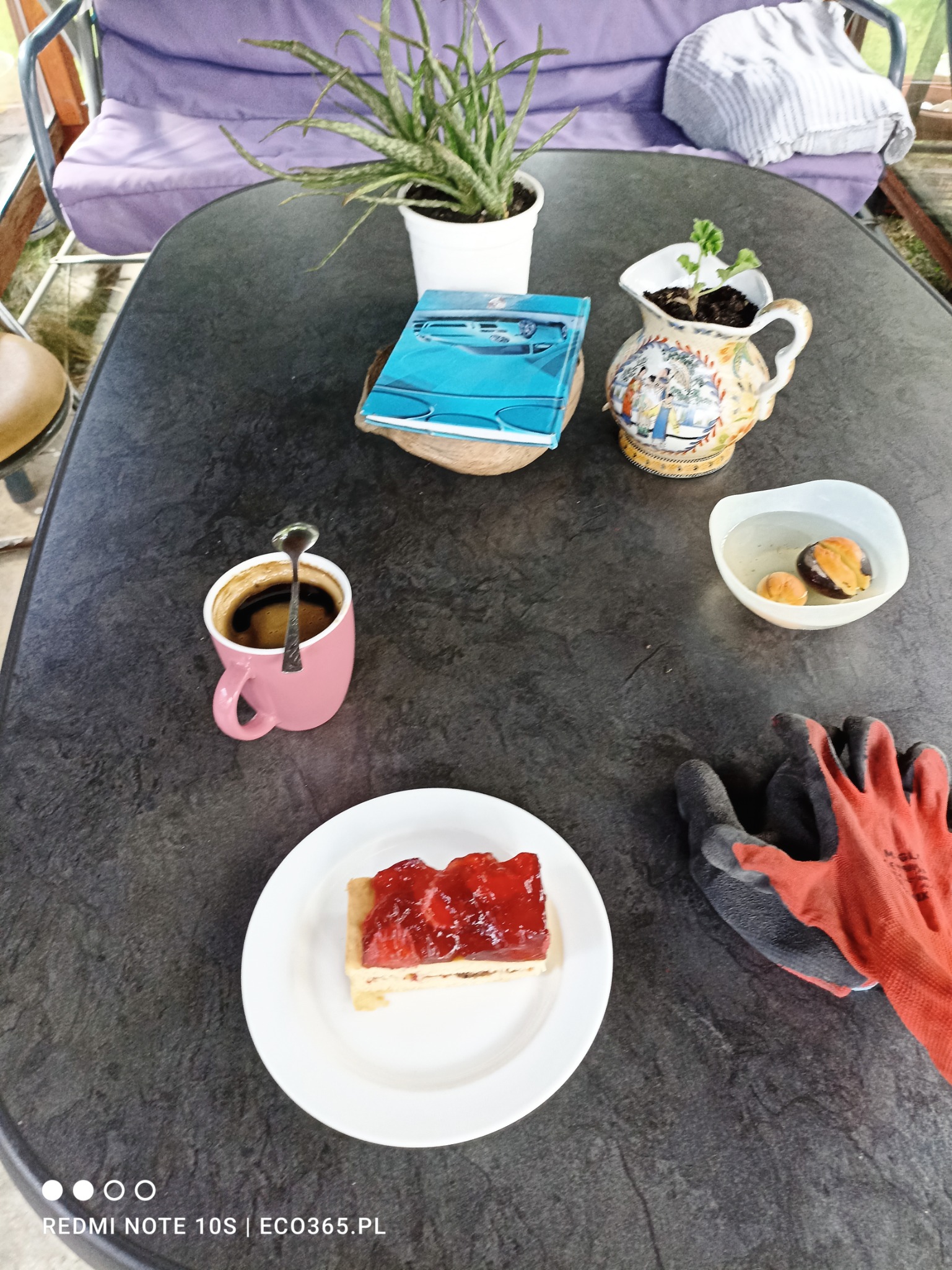 Przerwa w ogrodzie: ciasto z galaretką truskawkową na białym talerzu, różowy kubek z kawą, rękawice ogrodnicze i doniczki z roślinami na ciemnym stole.