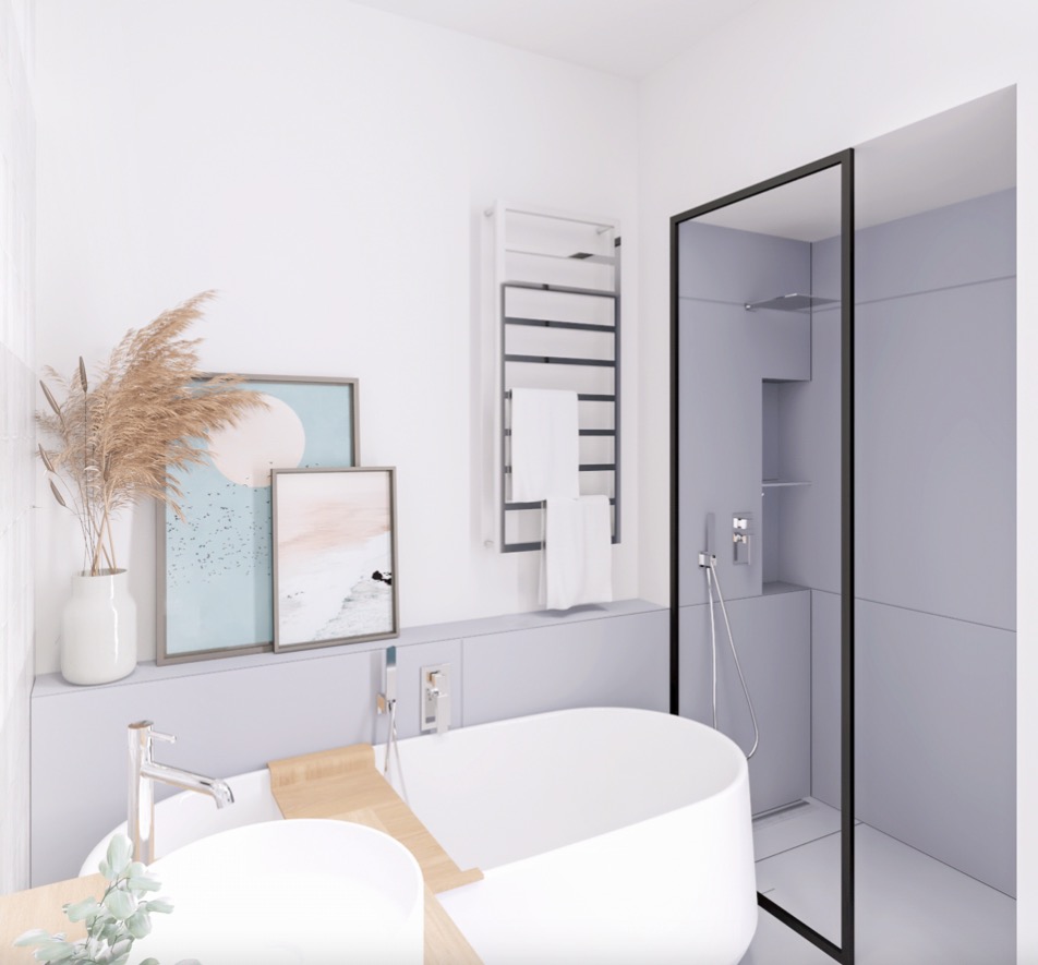 Wizualizacja łazienki z wolnostojącą wanną, szklaną kabiną prysznicową z deszczownicą, grzejnikiem drabinkowym z białymi ręcznikami oraz dekoracjami w postaci wazonu z suszem i obrazków na blacie...