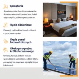 Dwaj pracownicy w kamizelkach odblaskowych myją panele słoneczne na dachu, używając szczotki na długim kiju i węża z wodą. Błękitne niebo z chmurami w tle.