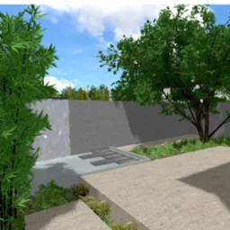 Wizualizacja ogrodu z betonowym murem, kaskadą wodną i ścieżką z płyt. Bambus i drzewo liściaste dodają zieleni.