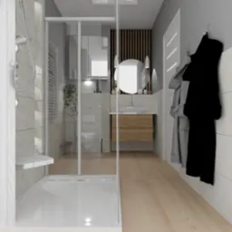 Wizualizacja łazienki z kabiną prysznicową typu walk-in, umywalką nablatową na drewnianej szafce, okrągłym lustrem i grzejnikiem drabinkowym.