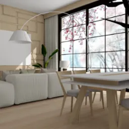 Jasne wnętrze z modułową sofą, stołem jadalnym i widokiem na zimowy krajobraz za oknem