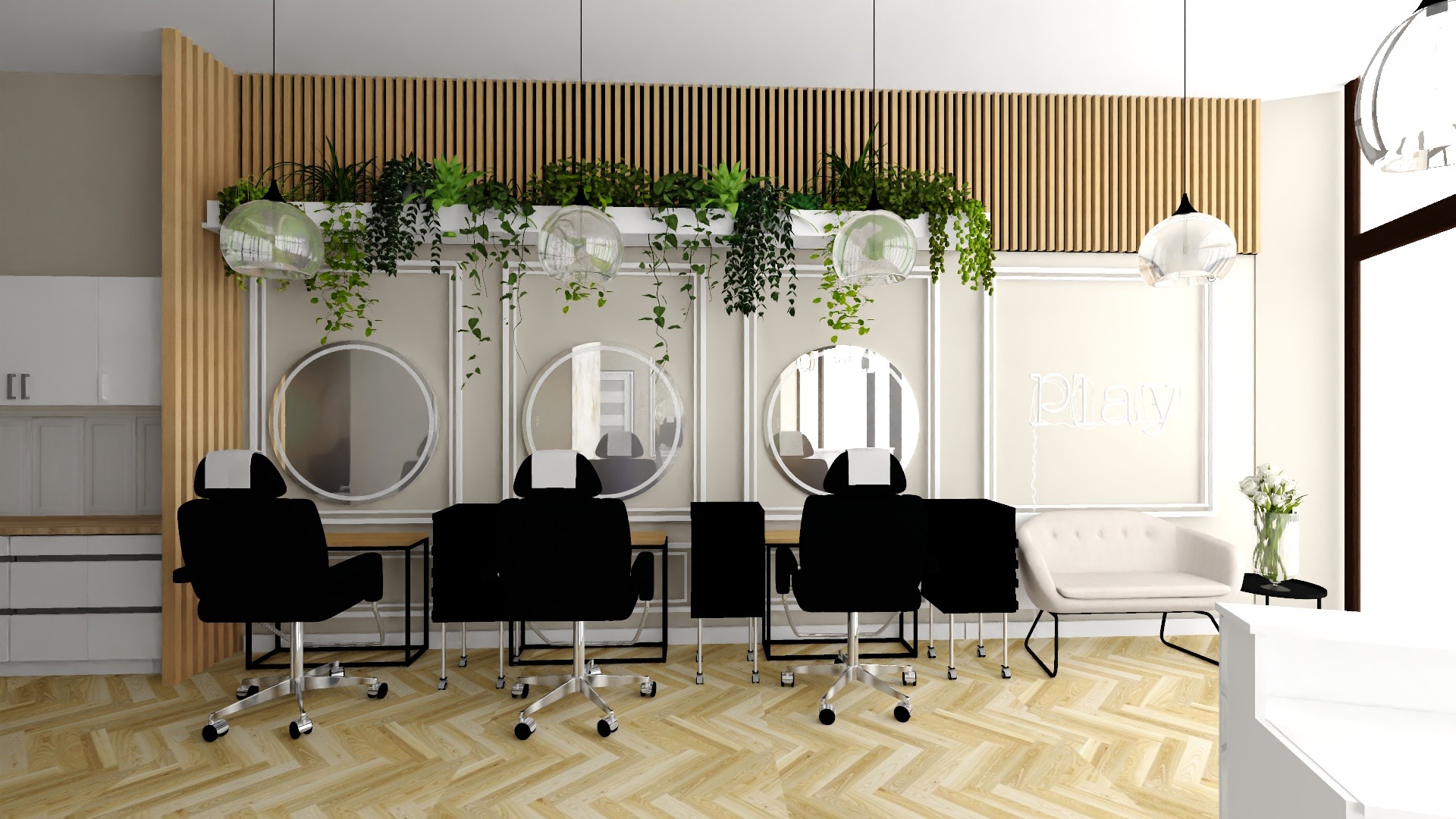 Wnętrze salonu kosmetyczno-fryzjerskiego z trzema stanowiskami z okrągłymi lustrami, roślinami pnącymi się po ścianach, drewnianymi panelami i neonowym napisem 'PLAY'.