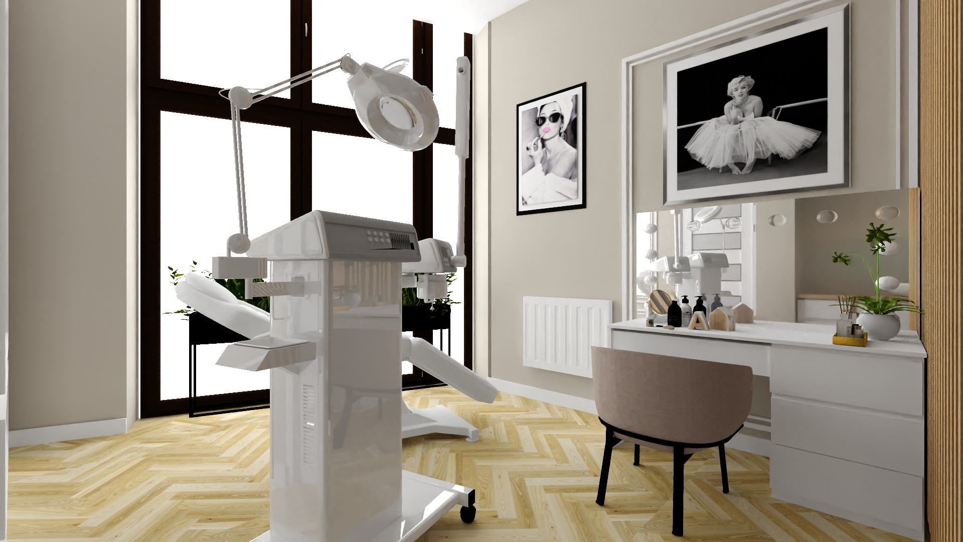 Wizualizacja gabinetu kosmetycznego z fotelem zabiegowym, lampą powiększającą, toaletką z lustrem i dekoracjami ściennymi w stylu glamour na parkiecie w jodełkę.