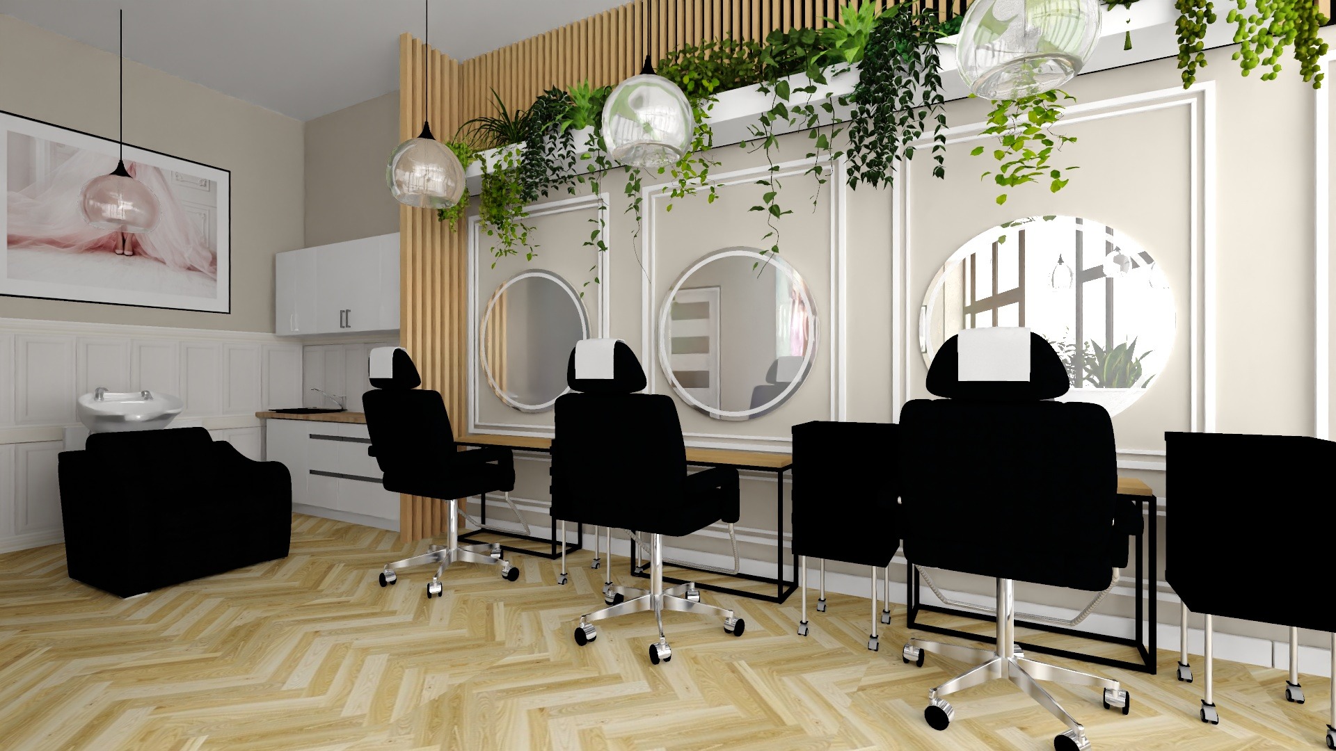 Wizualizacja wnętrza salonu kosmetyczno-fryzjerskiego z czterema czarnymi fotelami na kółkach, okrągłymi lustrami w ozdobnych ramach, roślinami pnącymi się po ścianach i drewnianymi panelami.