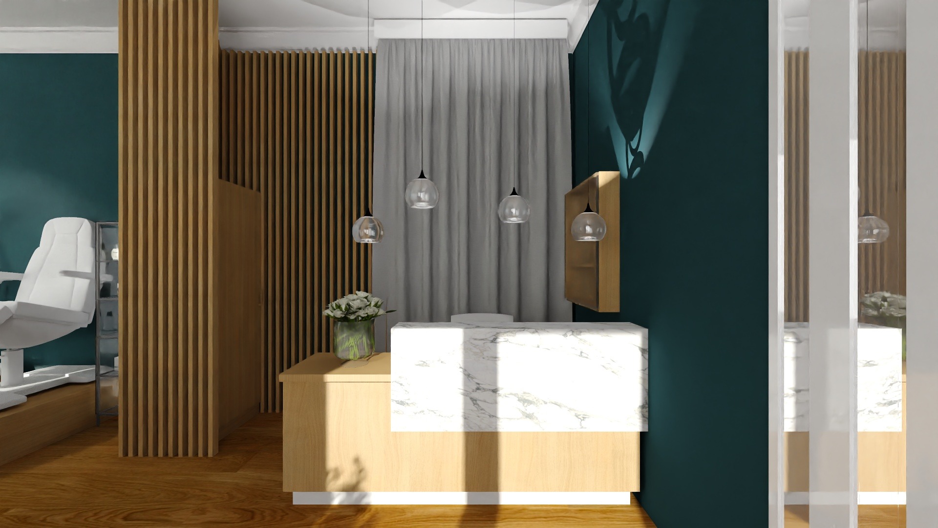 Wizualizacja recepcji w salonie kosmetycznym z marmurowym blatem, drewnianymi lamelami i wiszącymi lampami kulami.