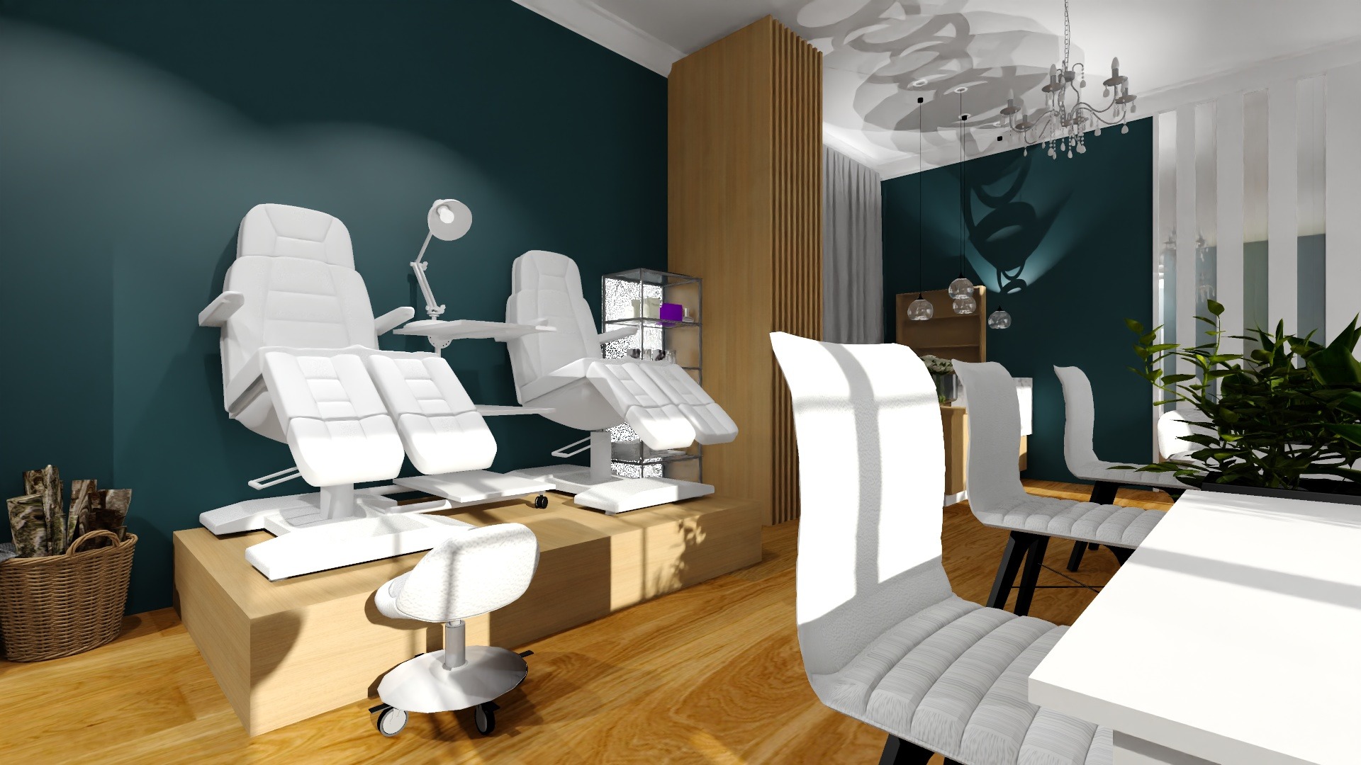 Wizualizacja wnętrza salonu kosmetycznego z dwoma białymi fotelami do pedicure na podwyższeniu, lampą kosmetyczną, drewnianą ścianką działową i elementami dekoracyjnymi.