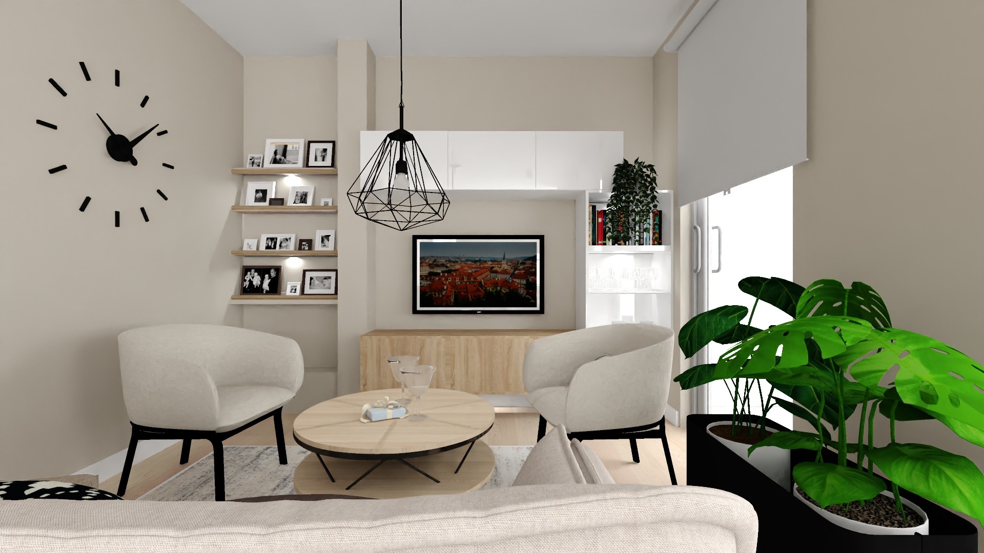 Wizualizacja salonu z beżowymi ścianami, okrągłym stolikiem kawowym, dwoma fotelami klubowymi i wiszącą lampą drucianą.