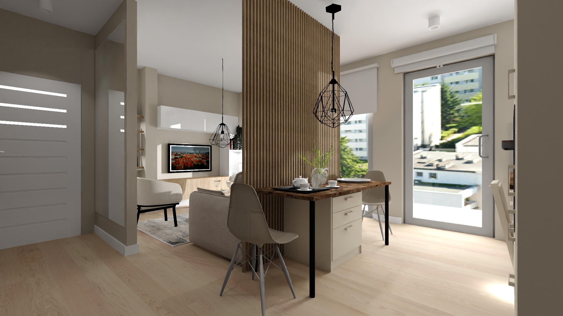 Wizualizacja salonu z aneksem jadalnym oddzielonym drewnianą ścianką działową, widok na okno balkonowe i minimalistyczne lampy wiszące.