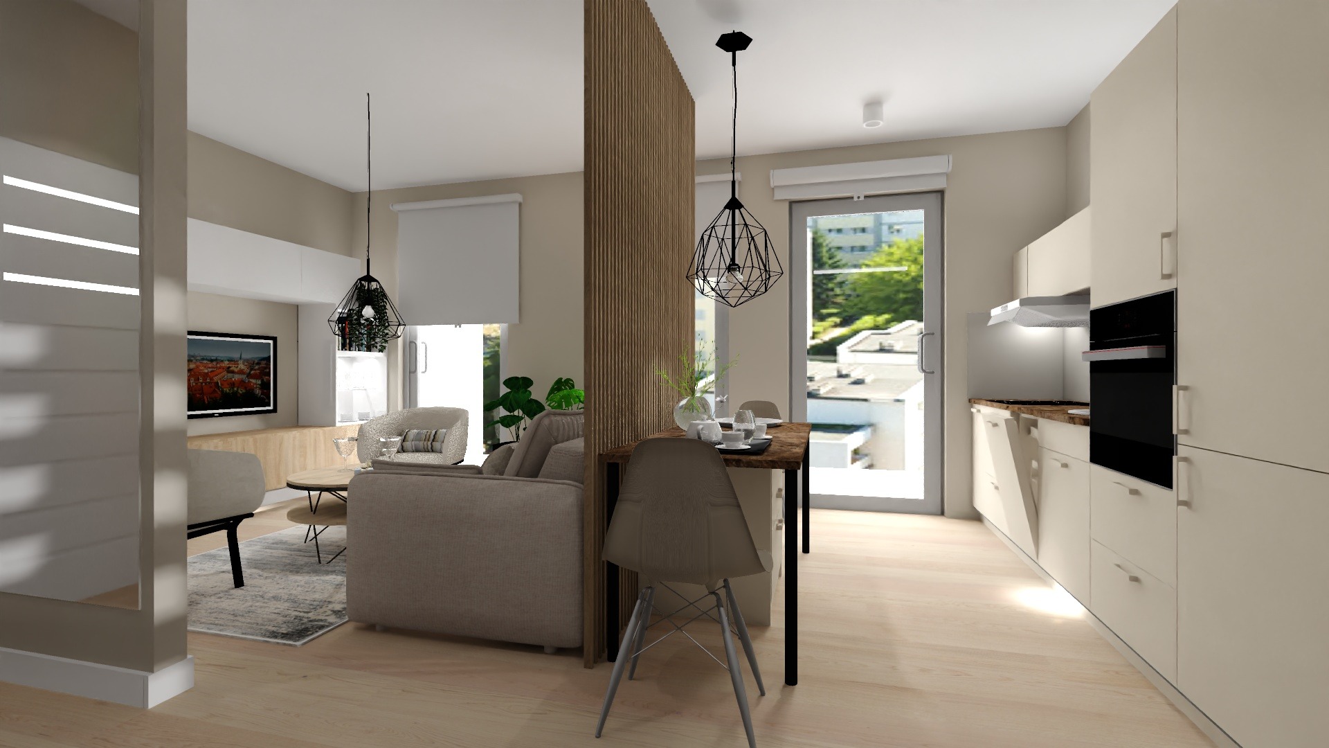 Wizualizacja wnętrza: salon z beżową sofą, stolikiem kawowym, krzesłem i telewizorem, oddzielony ażurową ścianką od jadalni z drewnianym stołem i kuchnią z białymi szafkami.