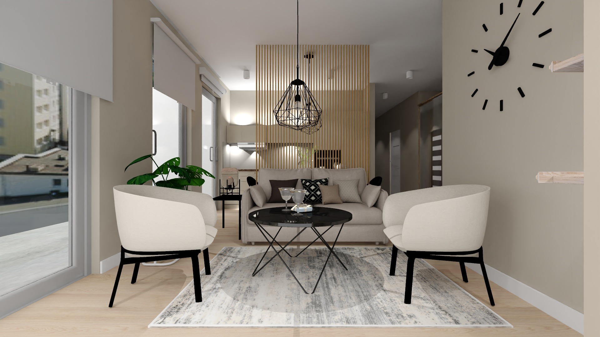 Wizualizacja salonu z beżową sofą, dwoma białymi fotelami, czarnym stolikiem kawowym i ażurową ścianką działową z drewna, widok na kuchnię w tle.