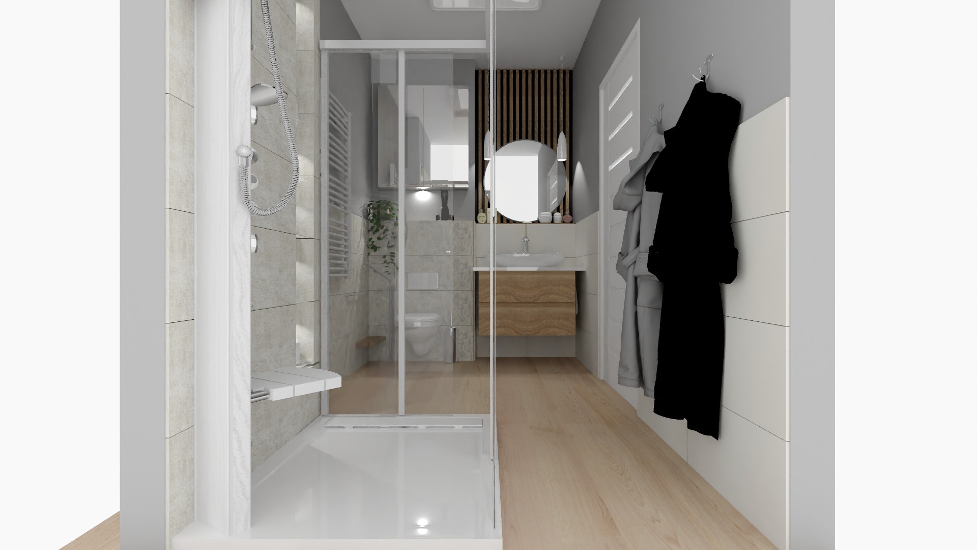 Wizualizacja łazienki z kabiną prysznicową typu walk-in, umywalką nablatową na drewnianej szafce, okrągłym lustrem i grzejnikiem drabinkowym.