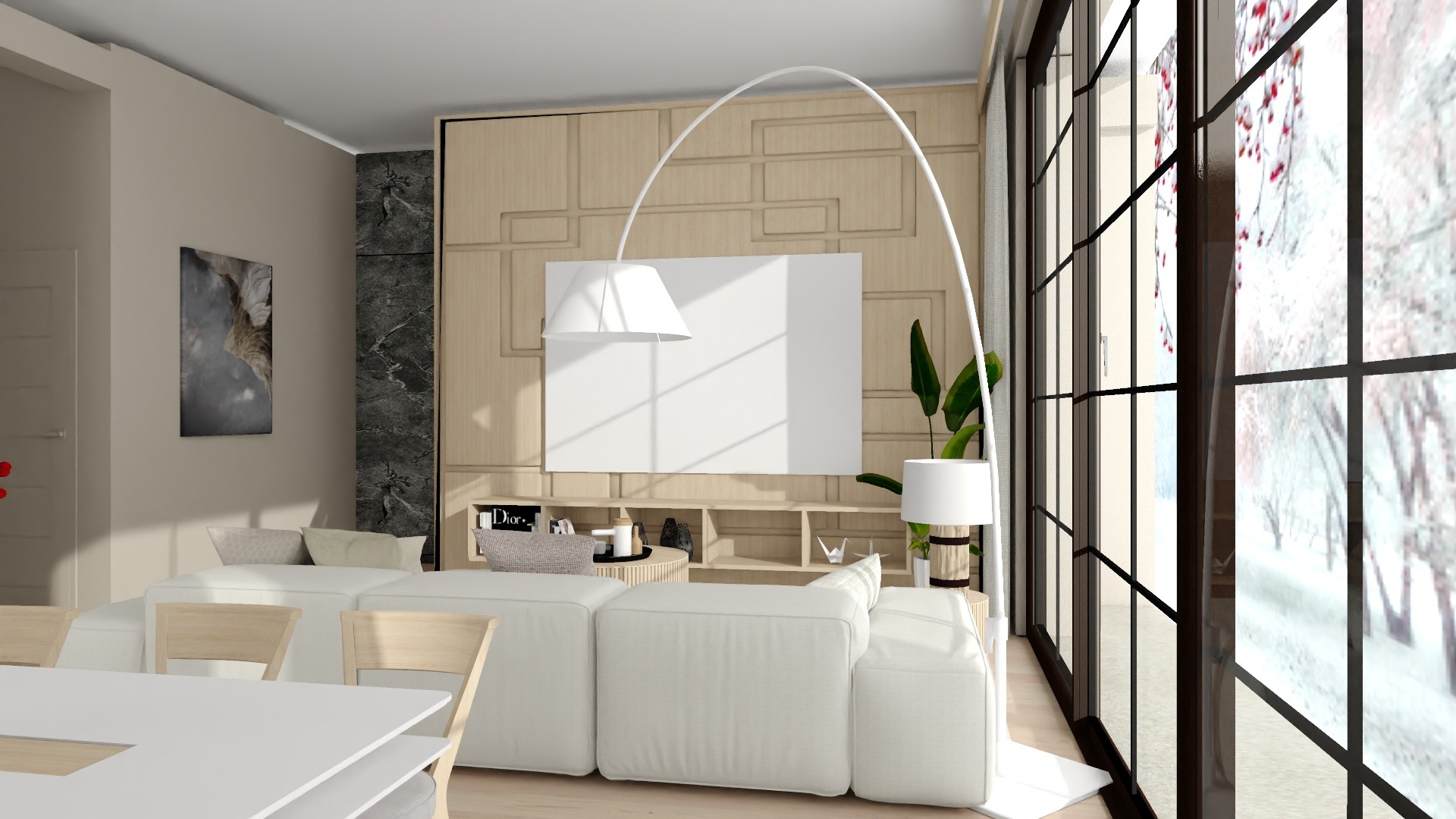 Jasny salon z białym narożnikiem, drewnianą ścianą z półkami, lampą łukową i widokiem na zaśnieżony krajobraz przez okno.