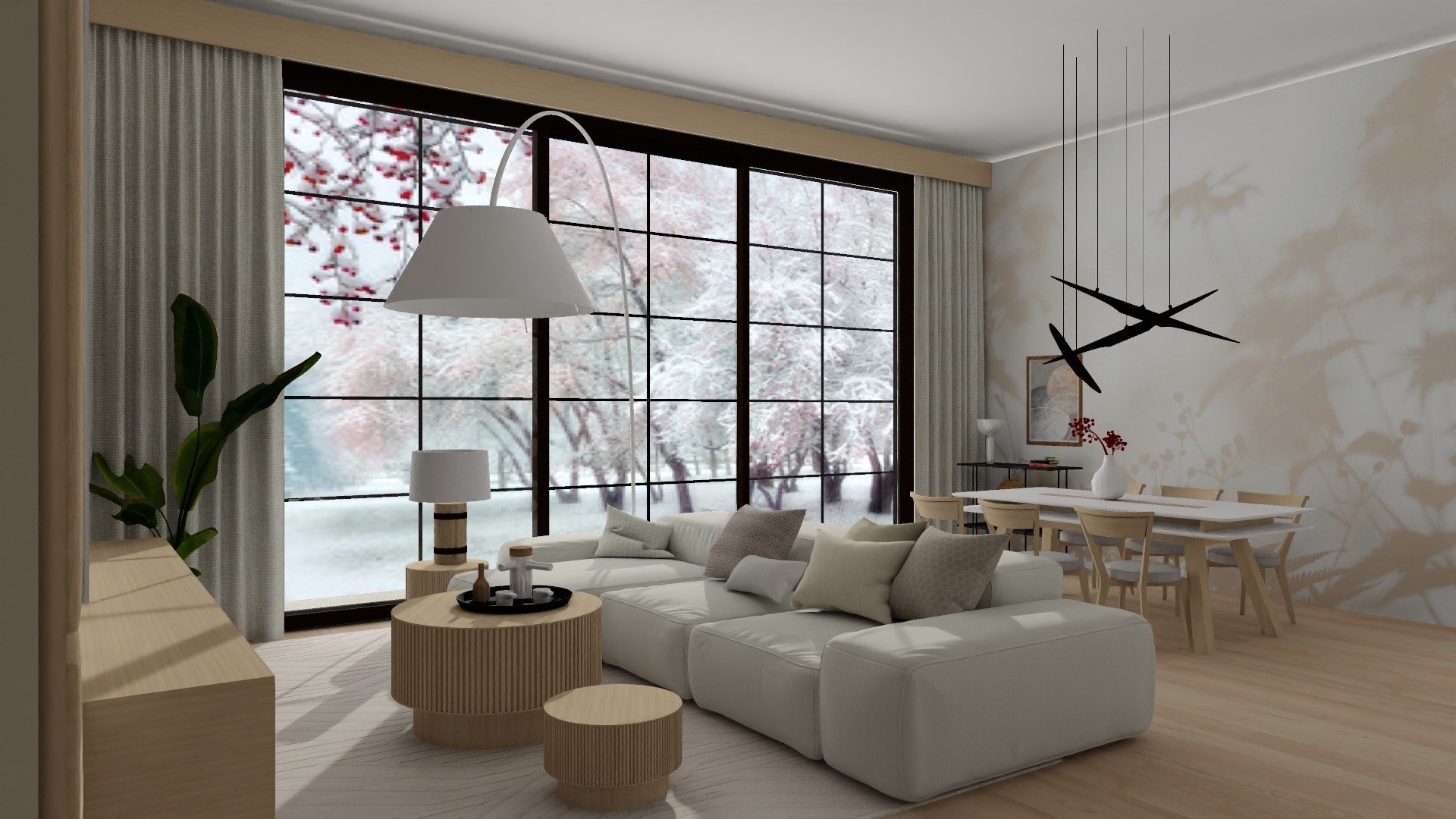 Jasny salon z dużym oknem na zimowy krajobraz, biała sofa modułowa, okrągły stolik kawowy z tacą, nowoczesna lampa łukowa i jadalnia w tle z abstrakcyjnym wzorem na ścianie.